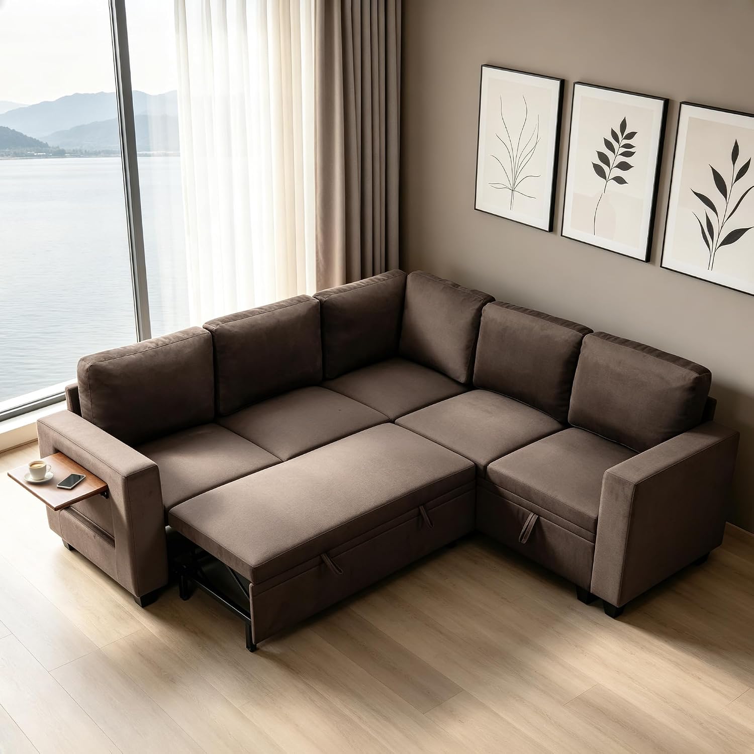 81" Modular Sectional Sleeper Sofa with Pull Out Bed, L Shaped Couch with Storage Chaise & Side Table, Waterproof Pet-Friendly Cat Paw Velvet for Living Room, Tool-Free Assembly(5 Seat Brown)