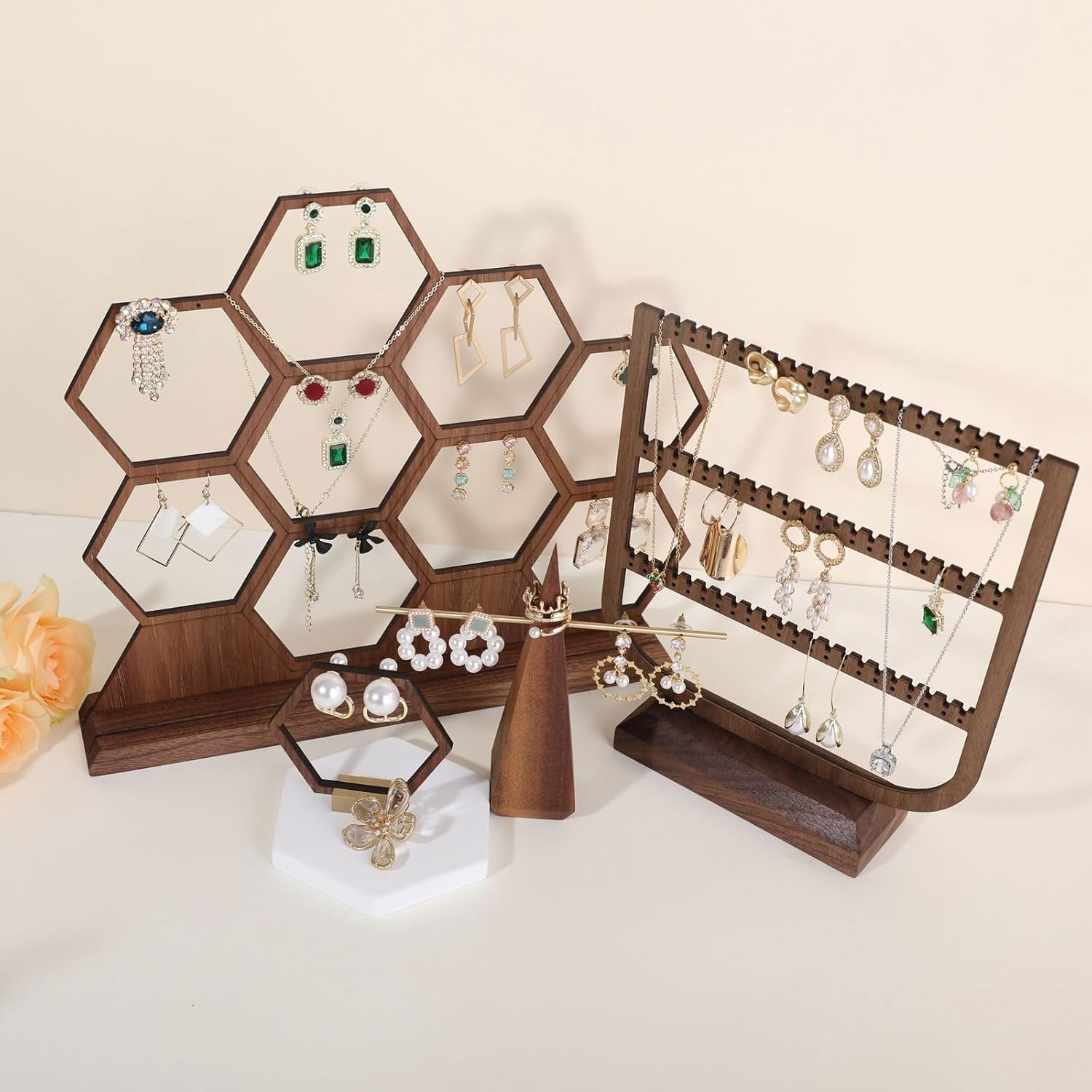 GemeShou hexagonal jewelry earring display stands for selling, wooden necklace jewelry organizer hanging, walnut earring hanger dangle holder for show, home decor【Jewelry shelf-Hexagon】