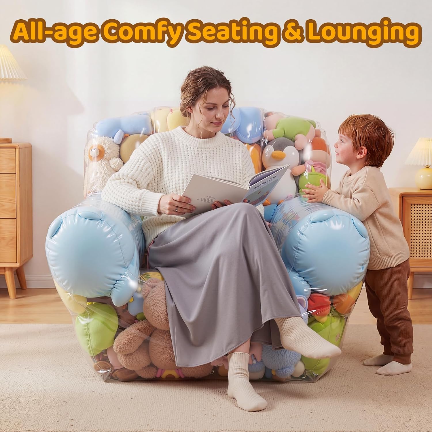 Stuffed Animal Bean Bag Storage Chair, 37.4 x 37.8 Inch Clear plushies storage, Upgraded 0.35mm PVC Waterproof Plushy Organizer, Supports 330lbs for Home Use