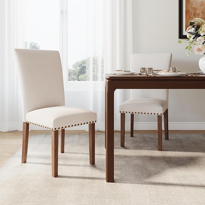 Stylish Dining Chairs Set of 2, Upholstered Parsons Dining Room Chair with Nailhead Trim, Kitchen Room Chair with Thick Cushions and Wood Legs, Nailhead Trim, Beige