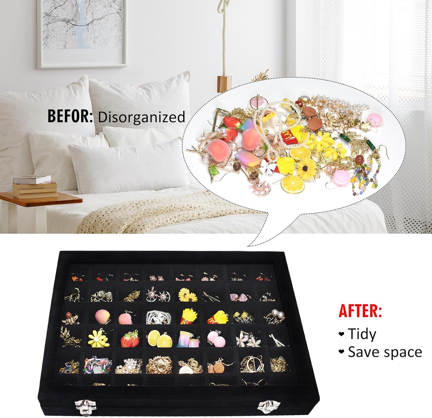 Vicoter Velvet Jewelry Tray 48 Compartments Jewelry Display Organizer with Transparent Cover Rings, Earrings, Necklaces, Pendants Storage Box for Girls, Wives, Mothers, Women