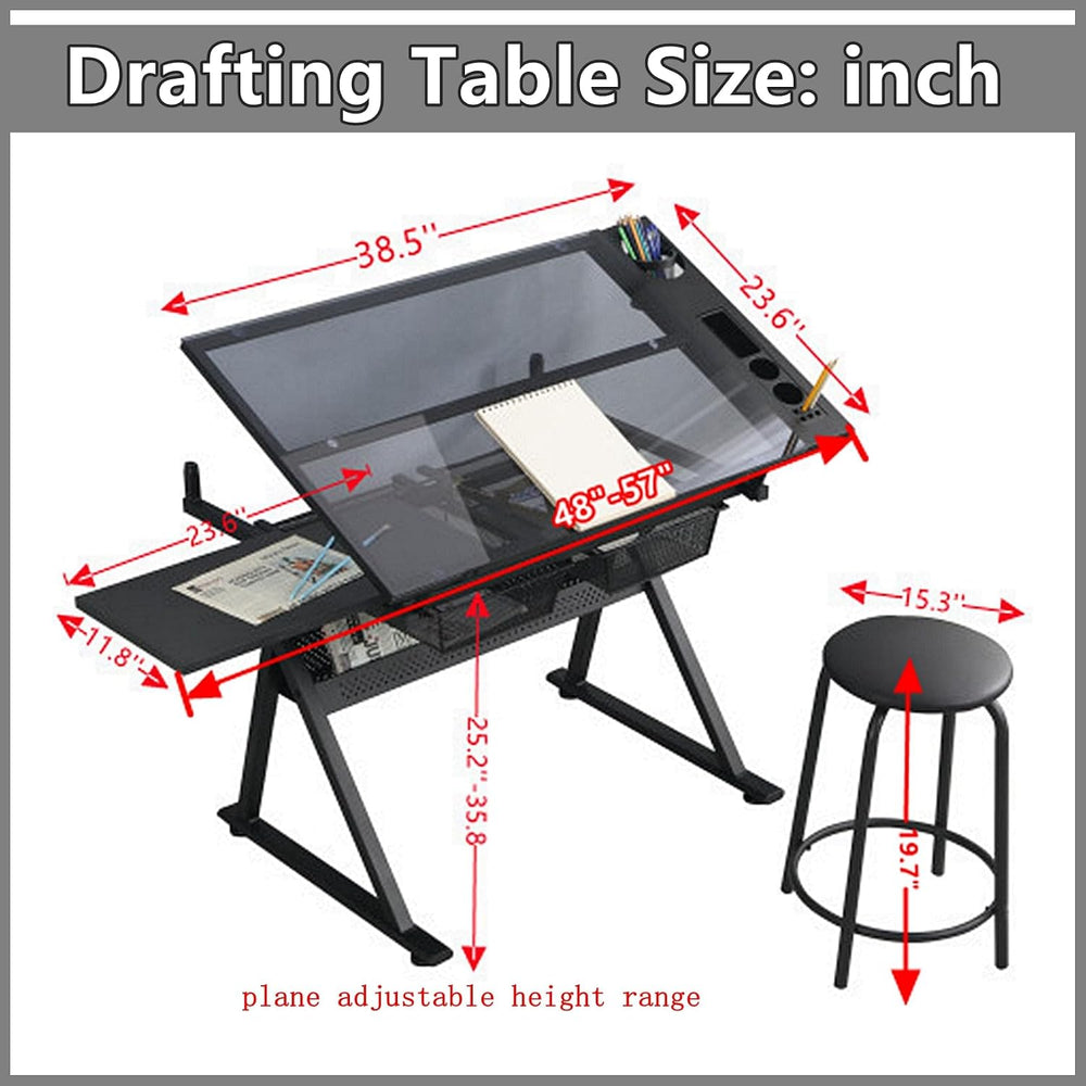 Drafting Table for Artists, Height Adjustable Glass Drawing Table with Stool,...