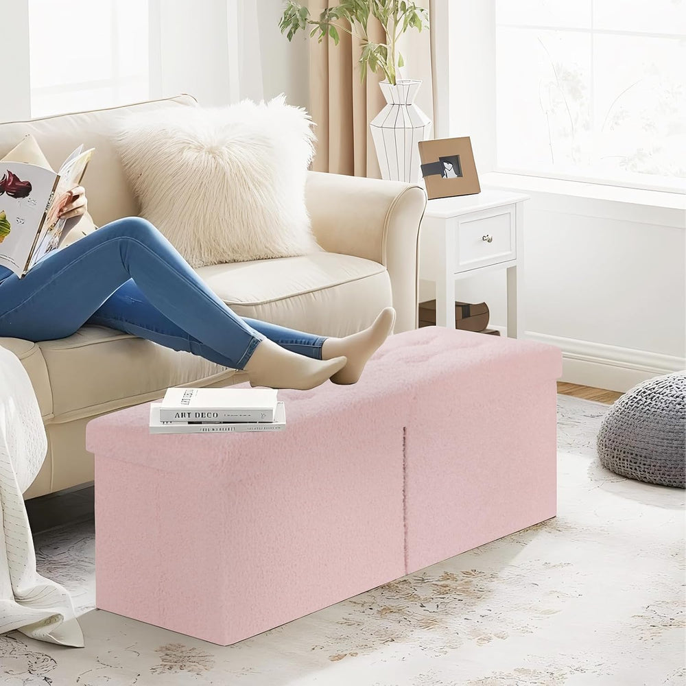 Storage Ottoman Bench, 34" Teddy Velvet Folding Foot Rest, Pink | Large ...
