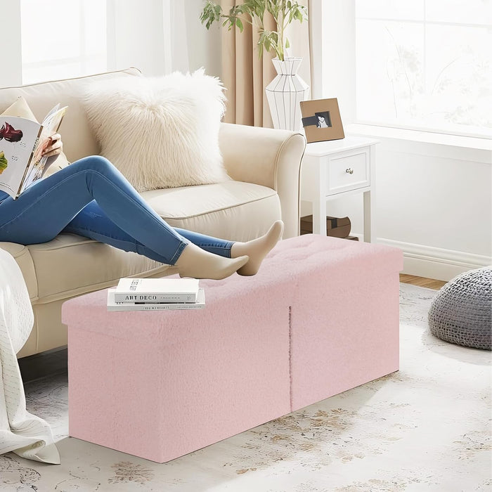 Storage Ottoman Bench, 34" Teddy Velvet Folding Foot Rest, Pink | Large Ottoman with Storage, Thicker Foam Padded Seat, 34 x 13 x 13in, Livingroom, Dorm, Bedroom, Easy to install, 86L