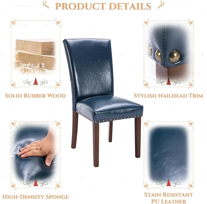 COLAMY Upholstered PU Leather Dining Chairs Set of 4 with High Back Support, Nailhead Trim & Solid Wood Legs, Comfortable Dining Room Chairs for Kitchen Table, Apartment & Family Use