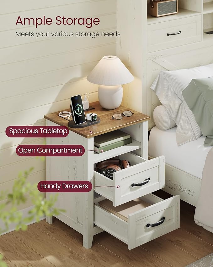 VASAGLE LIRY Collection - Farmhouse Nightstand with Charging Station, Bedside...