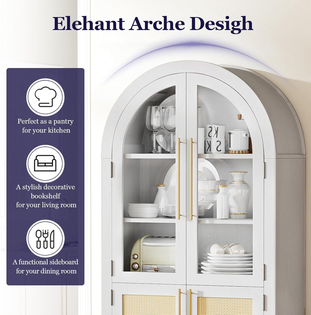 71" Tall Arched Cabinet with Glass Doors, Kitchen Pantry Storage Cabinet...