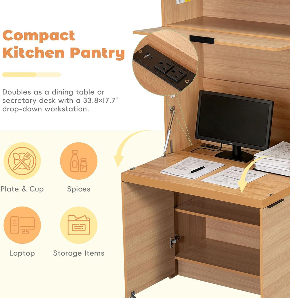 Farmhouse Pantry Cabinet with Foldable Workstation, 69" Tall Buffet with...