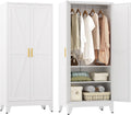 YAUWOH Farmhouse Wardrobe Cabinet,Metal Wardrobe Closet with Hanging Rod,Metal Armoire with Adjustable Shelves for Bedroom,Cloak Room,Office (White)