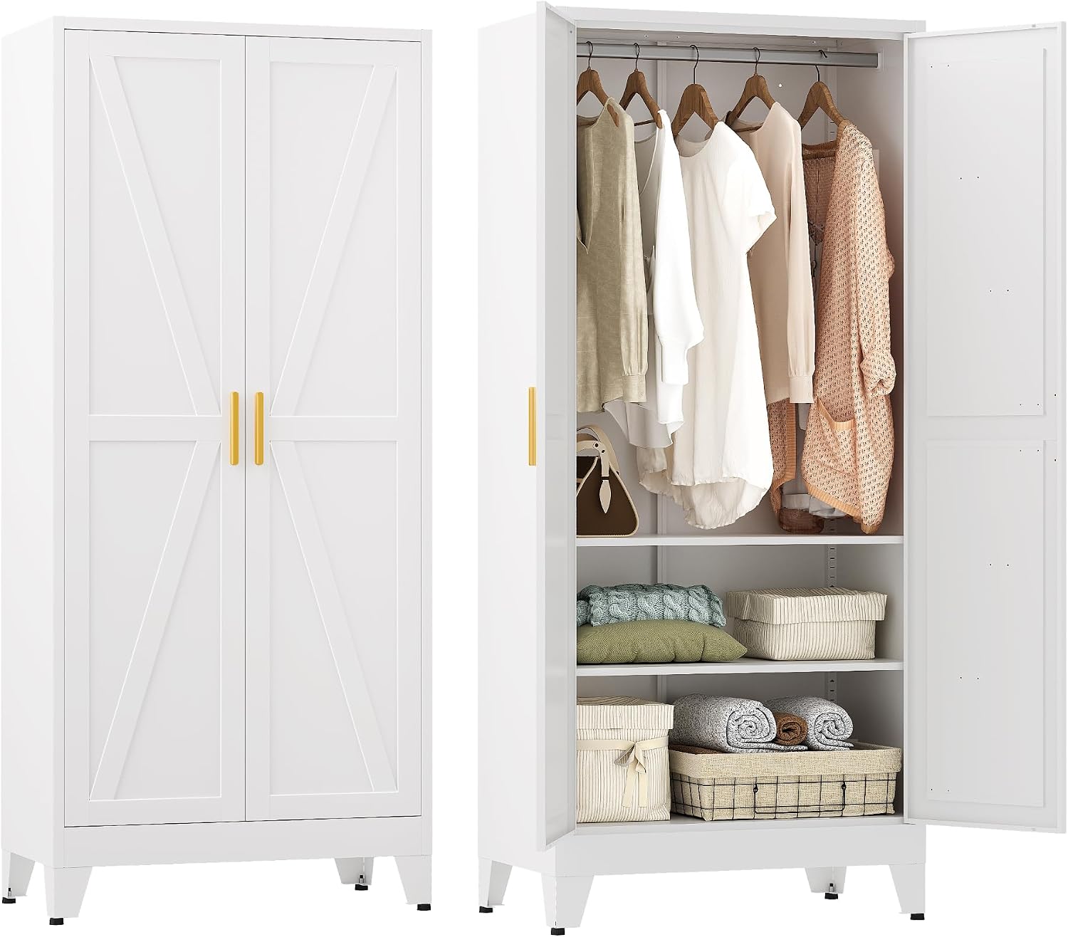 YAUWOH Farmhouse Wardrobe Cabinet,Metal Wardrobe Closet with Hanging Rod,Metal Armoire with Adjustable Shelves for Bedroom,Cloak Room,Office (White)