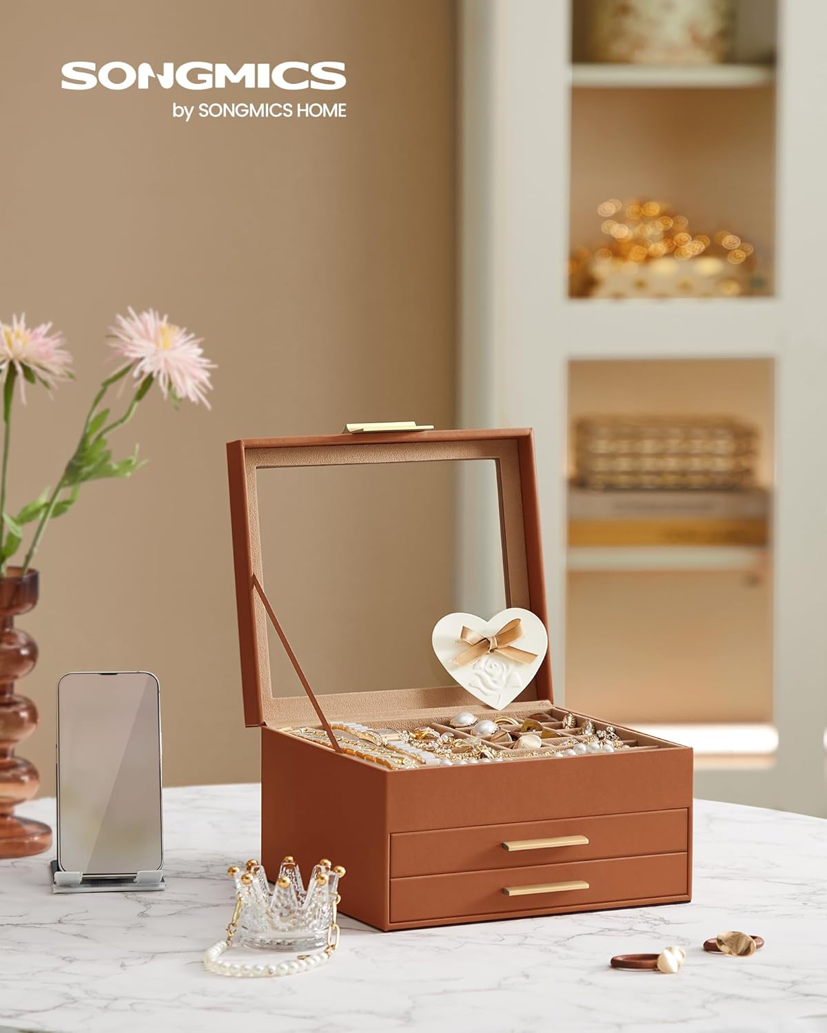 SONGMICS Jewelry Box Organizer with Glass Lid, 3-Layer Jewelry Storage, with 2 Drawers, Modern Style, Christmas Gift, 8 x 9.1 x 5.3 Inches, Caramel Brown and Gold Color UJBC239K01