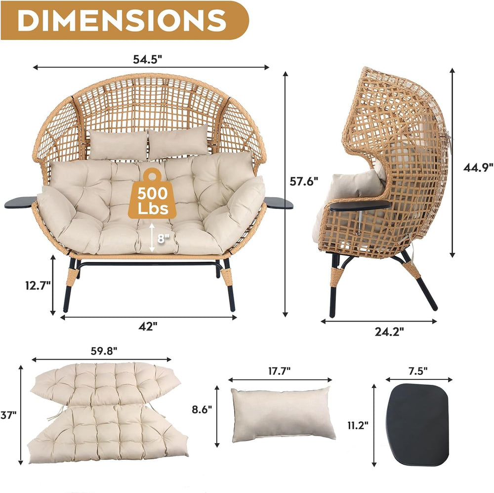 Double Egg Chair Outdoor Indoor 2 Person Wicker Egg Lounge Chair with Foldabl...