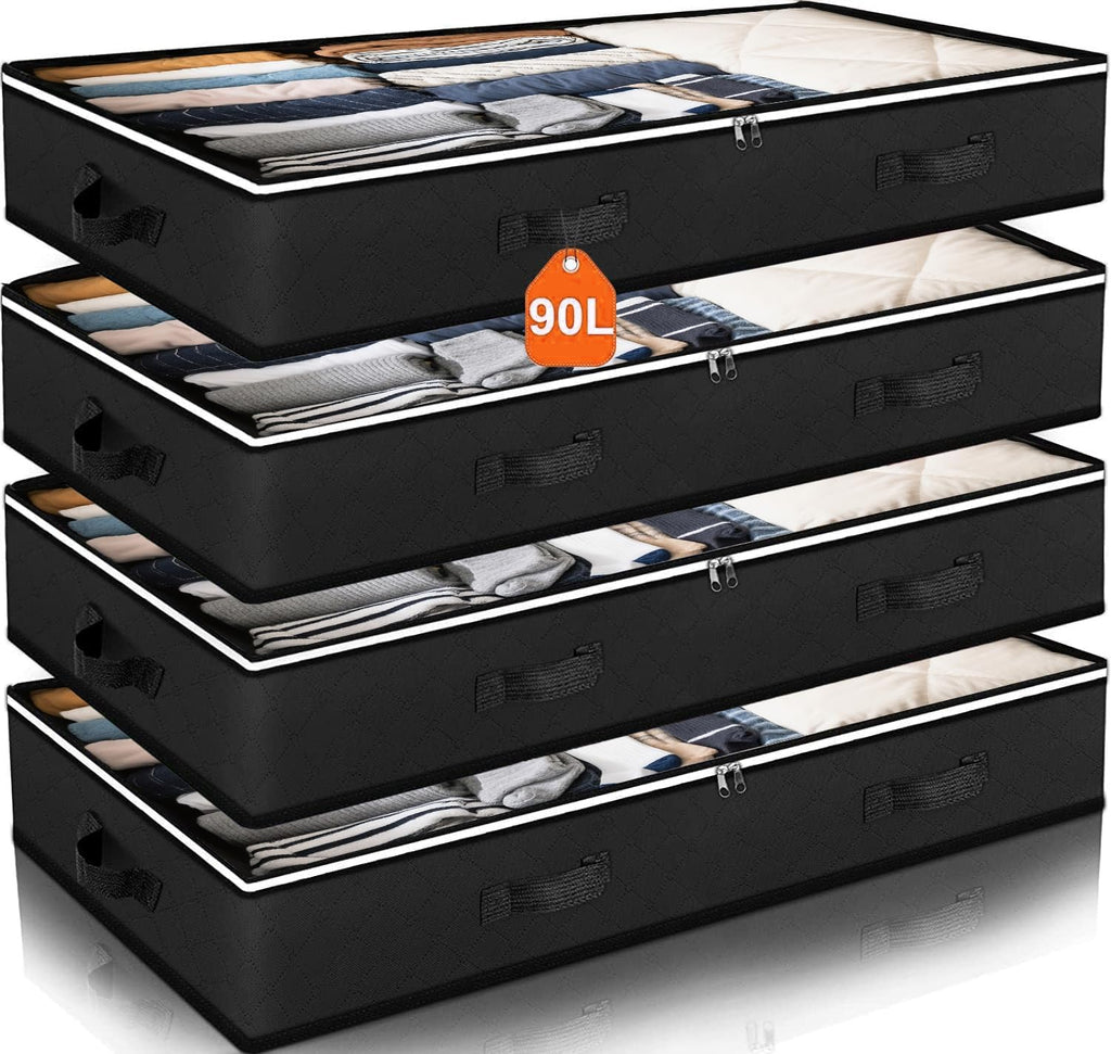 90L Under Bed Storage Containers, Closet Organizers and Storage Bins, Foldable Underbed Storage Bags for Blankets, Towels, Comforter, Sweaters, Linen Sheets, Wrapping Paper (Black, 4 Pack)