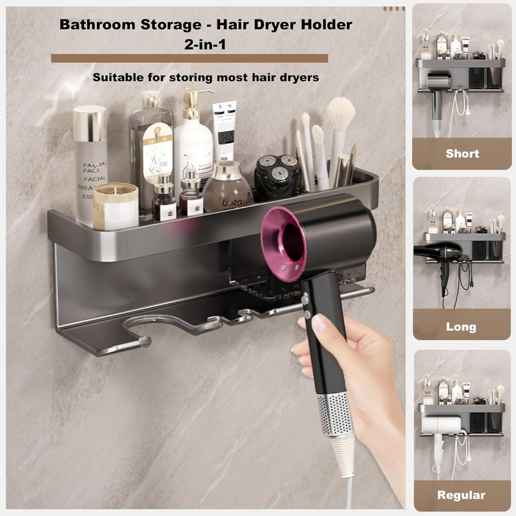 Hair Dryer Holder Wall Mounted,Blow Dryer Organizer,With shelf & individually removable Organizer box, Aluminum Blow Dryer Holder for Bathroom, Salon Organizers & Storage (Matte Grey, large)