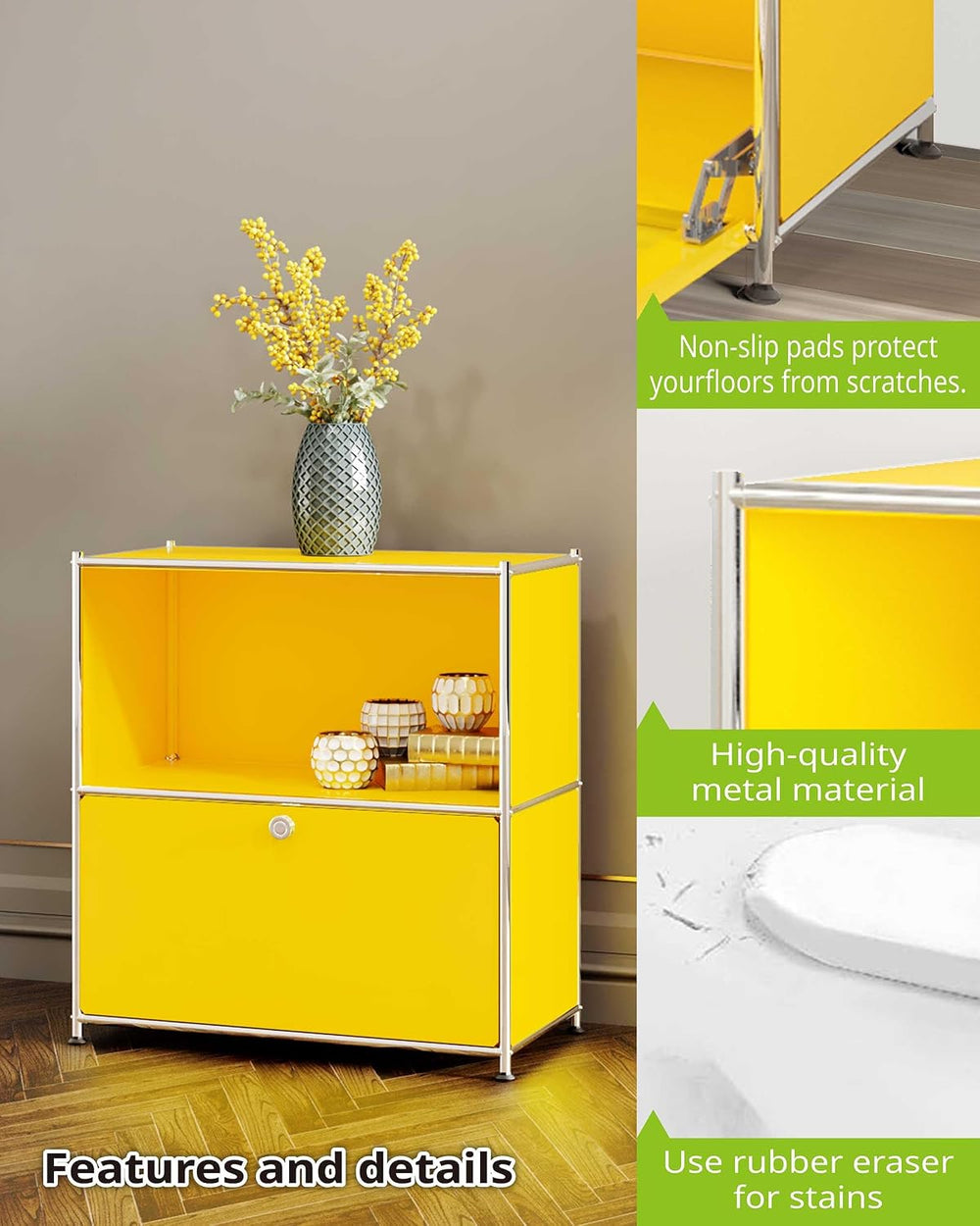 32.5-Inch Flip-Top Storage Cabinet with Detachable Wheels, Metal Side Table a...