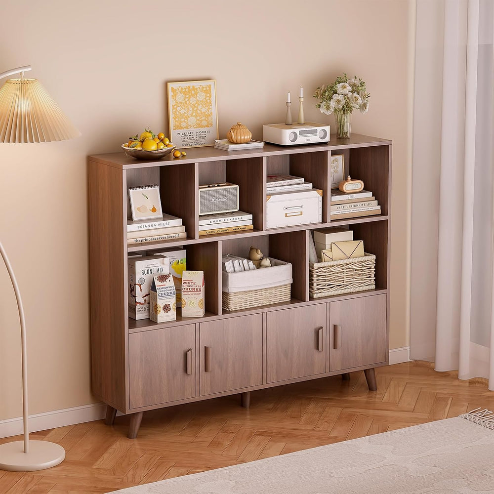 OSCHF 11-Cube Bookcase with Doors, 3-Tier Storage Cabient, Walnut