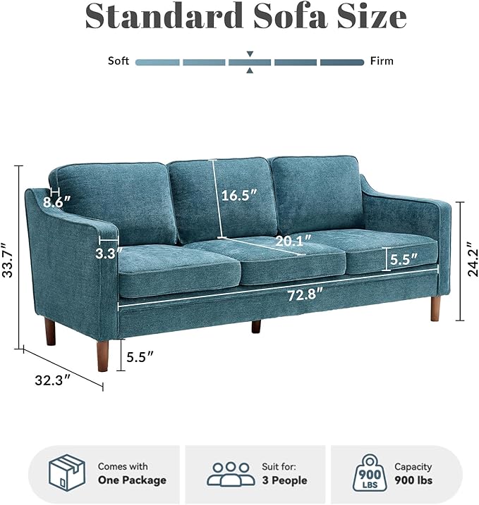 Kingfun 80" Chenille Sofa, 3 Seater Couch, Mid Century Modern Couches with Solid Wood Legs for Living Room & Bedroom, Water Green