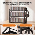 3-Tier CD Holder, Sturdy Steel CD Storage Rack for Display, Holds 125 CDs | Versatile CD Organizer with Top Display Shelf, Reversible Trays, Headphone Hook for Home Office Gaming Room Kitchen Counter