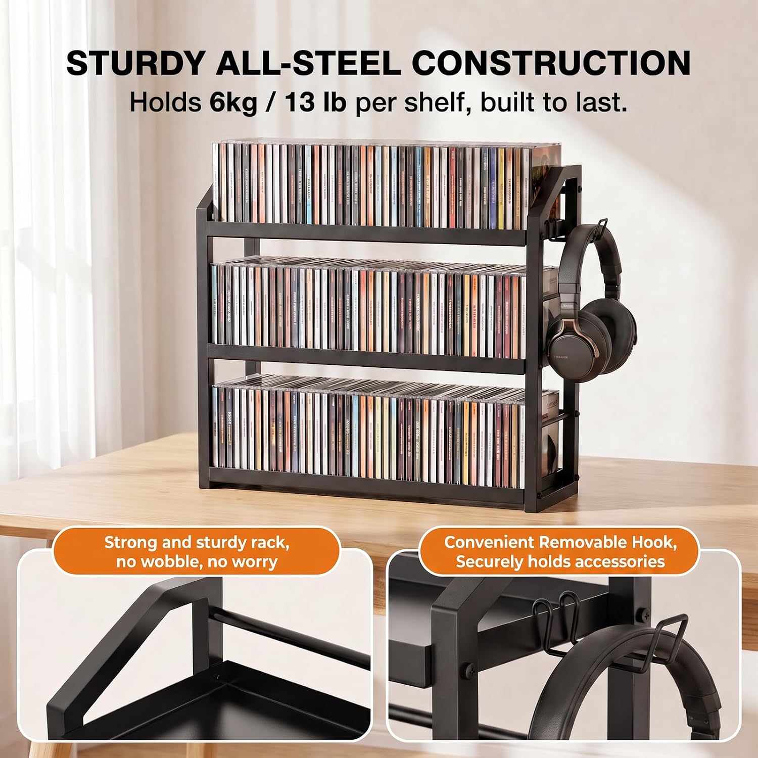 3-Tier CD Holder, Sturdy Steel CD Storage Rack for Display, Holds 125 CDs | Versatile CD Organizer with Top Display Shelf, Reversible Trays, Headphone Hook for Home Office Gaming Room Kitchen Counter