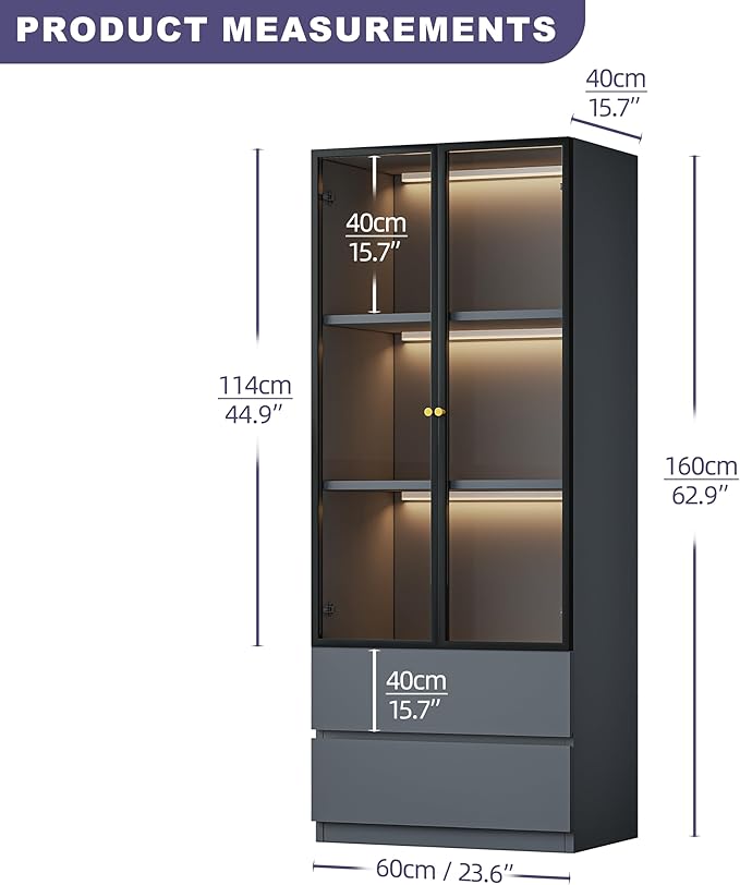 Modern Grey Lighted Glass Display Cabinet with Two Drawers, Dining China Hutch with 3 Tiers Storage Shelves, Wooden Curio Display Showcase for Living Room Kitchen (A-23'' Glass Cabinet)