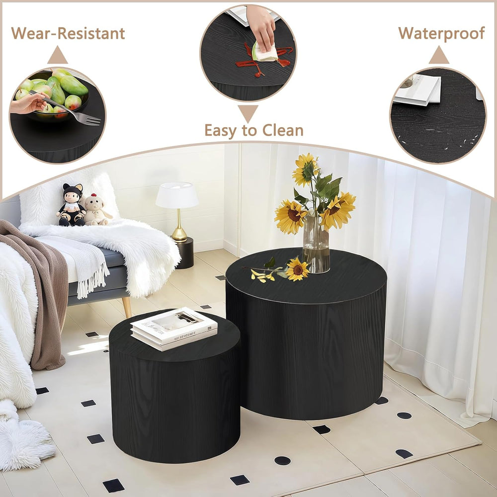 Nesting Coffee Table Set of 2, Modern Round Wood Side Table, Black | Nesting ...