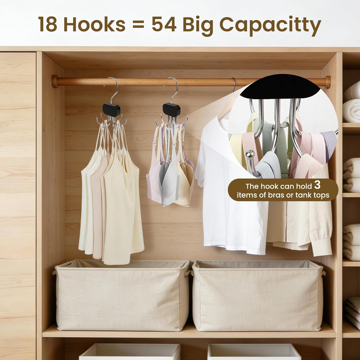 3 Pack Tank Top Hanger, Rotatable Bra Organzier for Closet, Bra Hanger for Closet Organizer, 360° Rotating & Foldable, Metal and Wood, Space-Saving Belt Hangers for Tank Tops, Belt, Tie (Black)