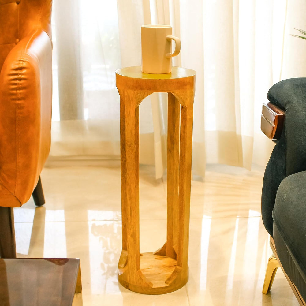 Modern Wooden Round Drink Table, 8x8x23 inch, Wooden Accent Pedestal Side Tab...