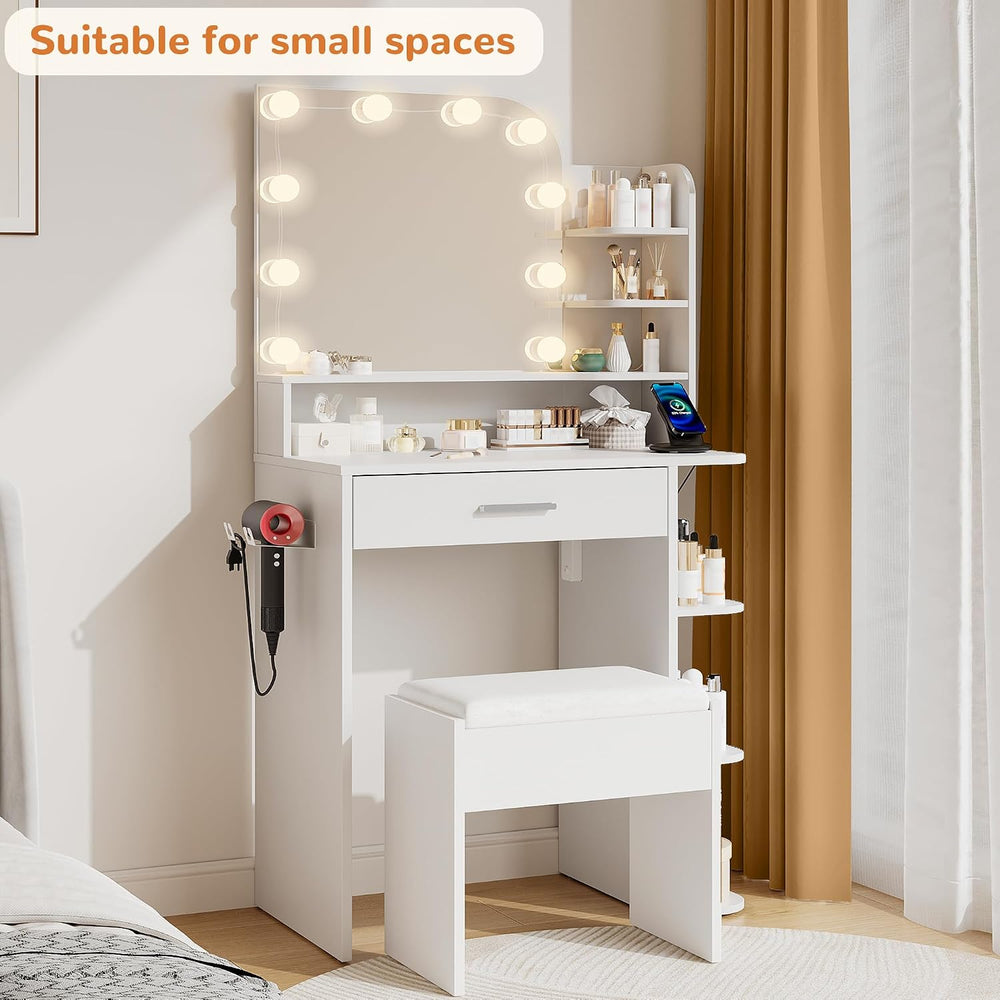 wanan Small Vanity, Set with Chair, Big Mirror & Lights, for Girls, White...