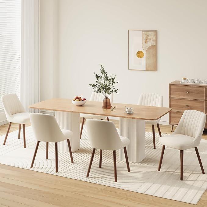 Upholstered Dining Chairs Set of 6, Modern Fabric Kitchen Chairs with Back, Wood Legs for Kitchen Dining Room Restaurant, Beige