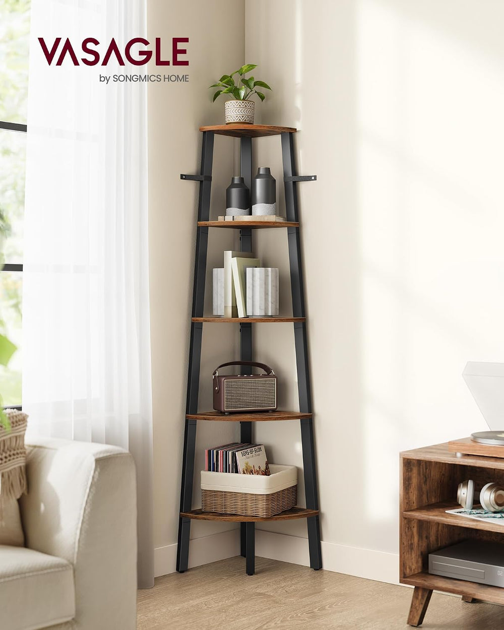 VASAGLE 5-Tier Corner Shelf Stand, Modern Ladder Shelf