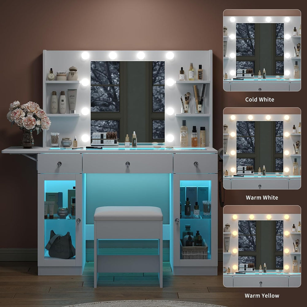 Yanosaku Makeup Vanity Desk with Mirror and Lights, RGB Lighted Vanity Desk w...