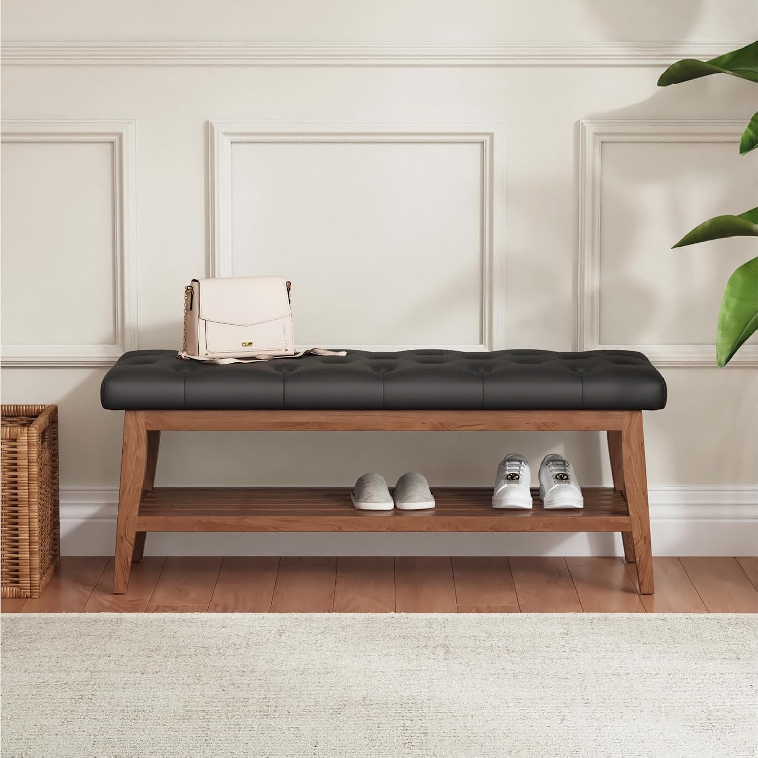 LEILISI Entryway Shoe Bench with Storage, End of Bed Bench, Microfiber Leather Upholstered Button-Tufted Seat Bench with Solid Wood Frame for Living Room, Bedroom (Black, 39.4'')