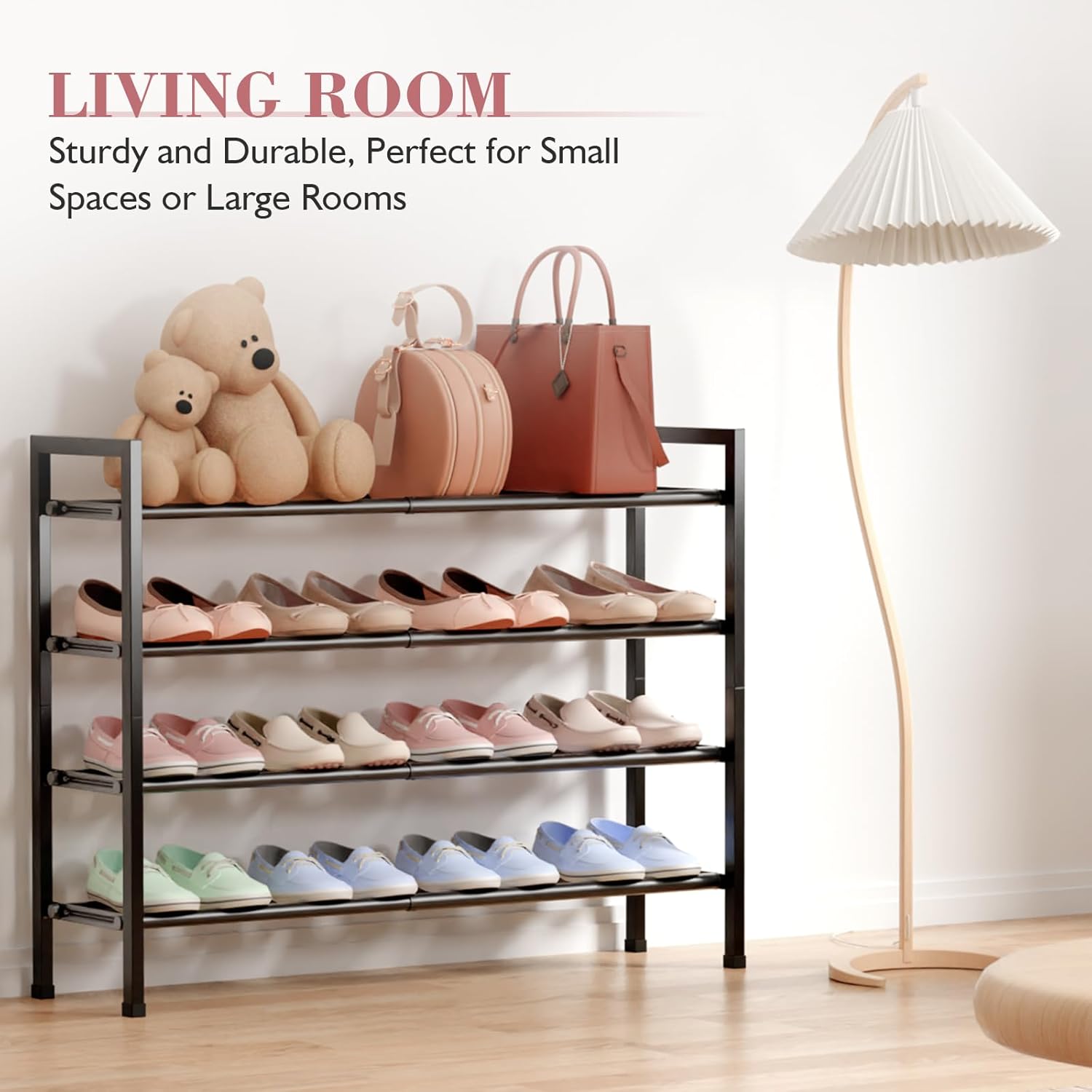 Bumusty 4 Tier Expandable Shoe Rack for Closet, Black | 18"-33" Adjustable Shoe Rack for Entryway, Small Shoe Organizer for Dorm, Front Door, Sturdy Metal