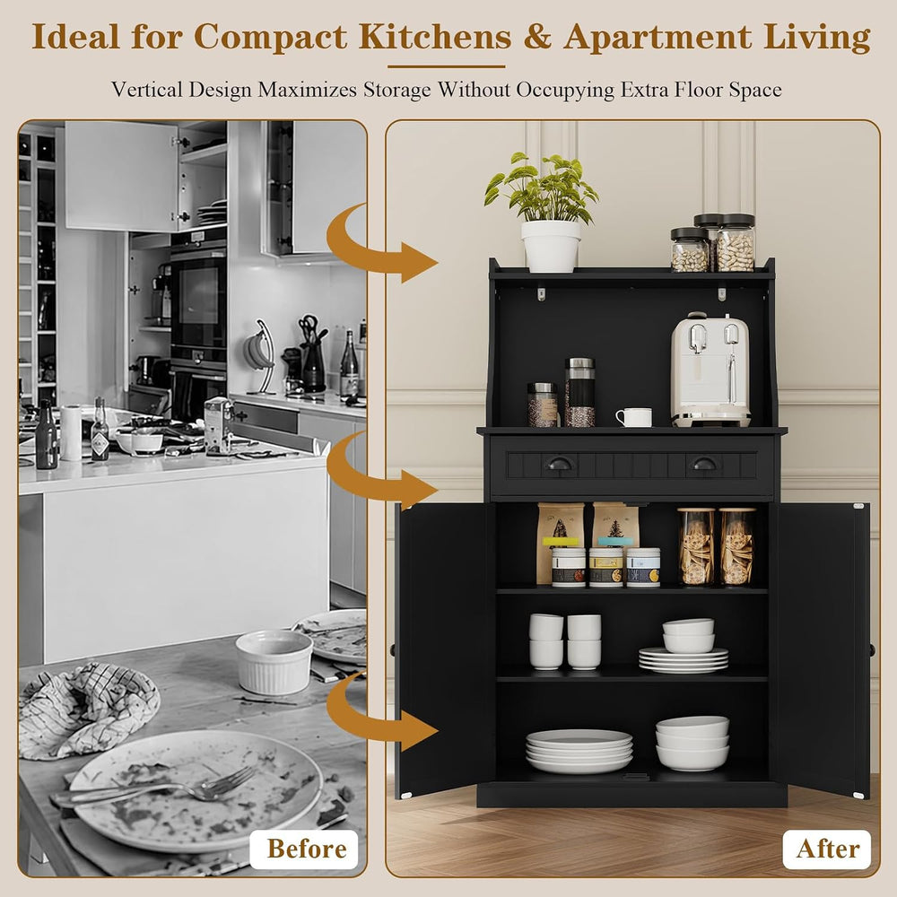 HOLTICO 54" Microwave Storage Cabinet with Doors, Black | Freestanding K...