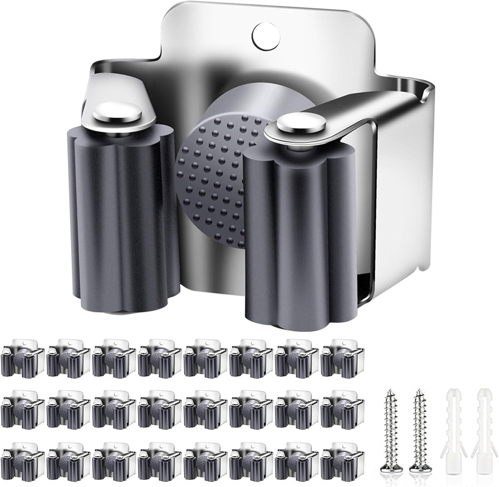Verdenu 25 Pack Broom Holder Wall Mount, Mop and Broom Holder Wall Mount, Stainless Steel Command Mop Holder with Screws, Garden Tool Storage Organizer for Kitchen, Home, Bathroom, Garage, Grey