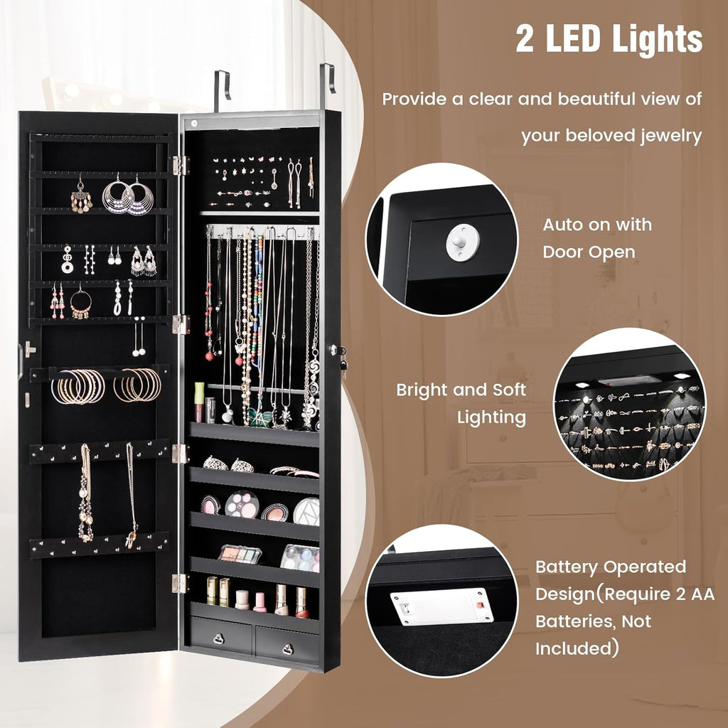 HAPPYGRILL Over the Door Jewelry Organizer, Hanging Jewelry Storage Cabinet w/Full-Length, Inner Makeup Mirror, Earring Shelves, Ring Slots, 25 Necklace Hooks, Wall Mounted Jewelry Armoire for Women