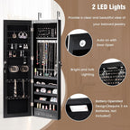 HAPPYGRILL Over the Door Jewelry Organizer, Hanging Jewelry Storage Cabinet w/Full-Length, Inner Makeup Mirror, Earring Shelves, Ring Slots, 25 Necklace Hooks, Wall Mounted Jewelry Armoire for Women