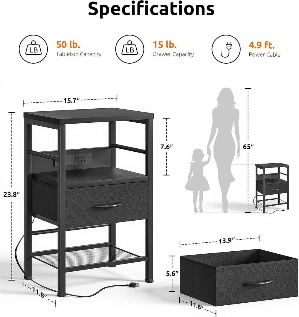 Lazzanto Nightstands Set of 2 with Charging Station, Black Night Stand | 1 Fa...