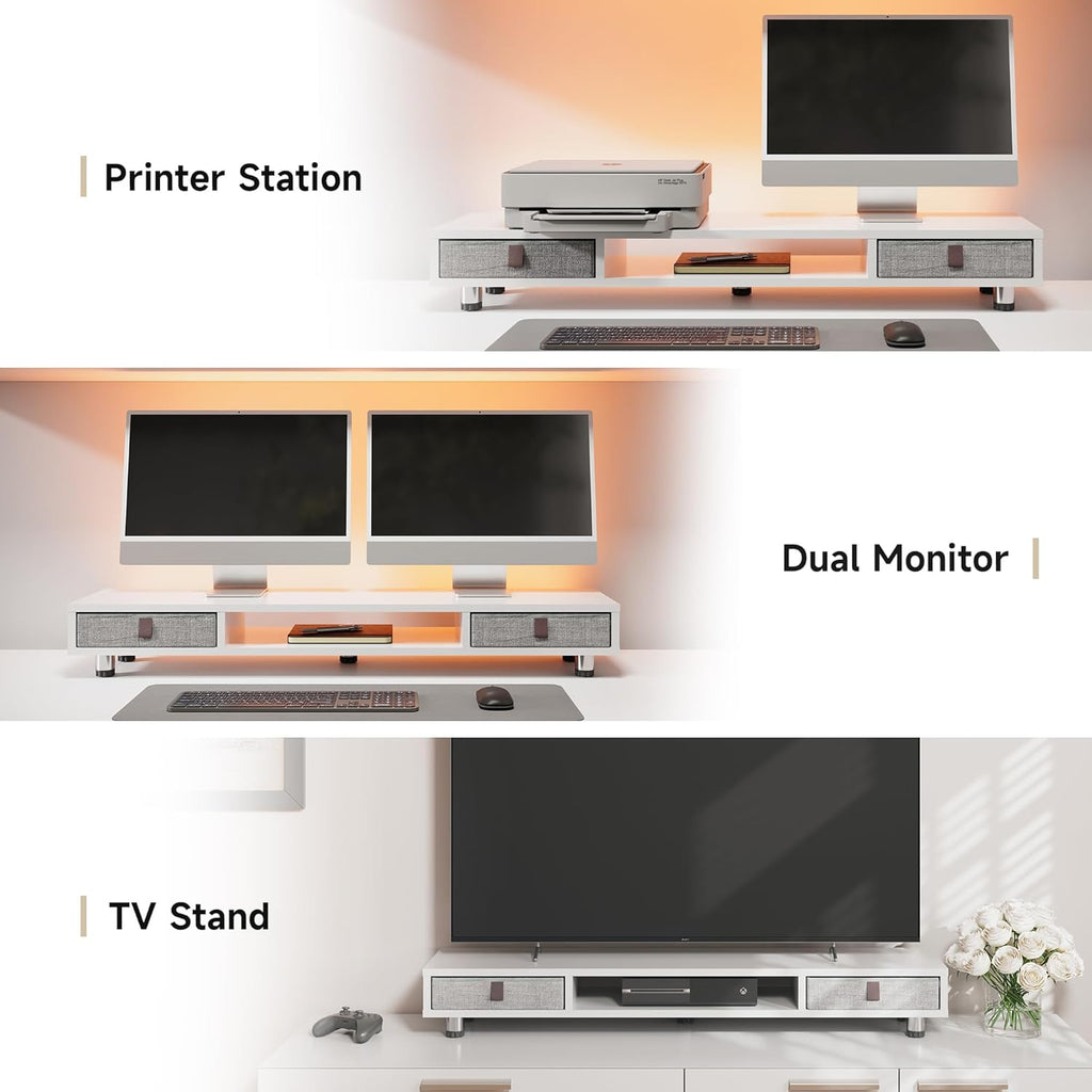 Fenge Dual Monitor Stand with 2 Drawers, 42.5 Inches Large Computer Riser for Desk, Adjustable Height Desk Shelf with Storage for Laptop, PC, TV, Printer