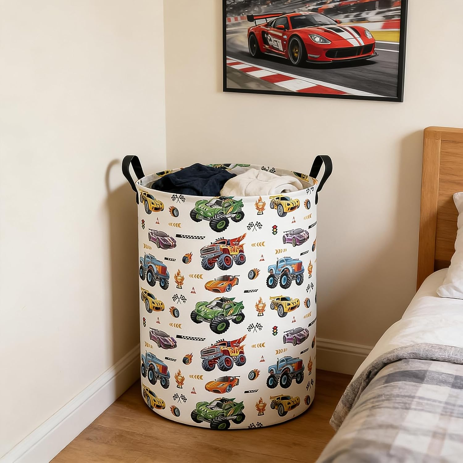 Monster Truck Laundry Hamper Storage Basket | Foldable with Waterproof PE Coating Organizer Bin for Kids Boys and Girls,Office,Bedroom,Clothes