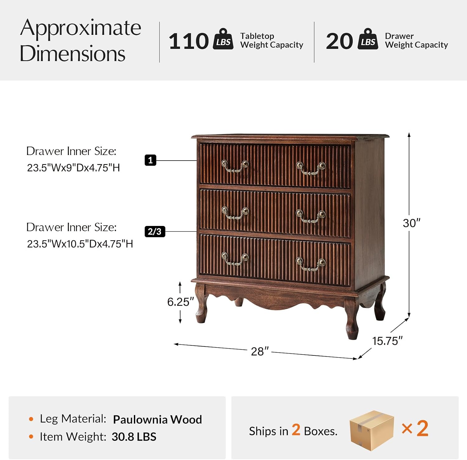 HULALA HOME Transitional Side Table Set of 2 with 3 Drawers and Charging Station, 28" Solid Paulownia Wood Sidetable with Vertical Stripe, Walnut