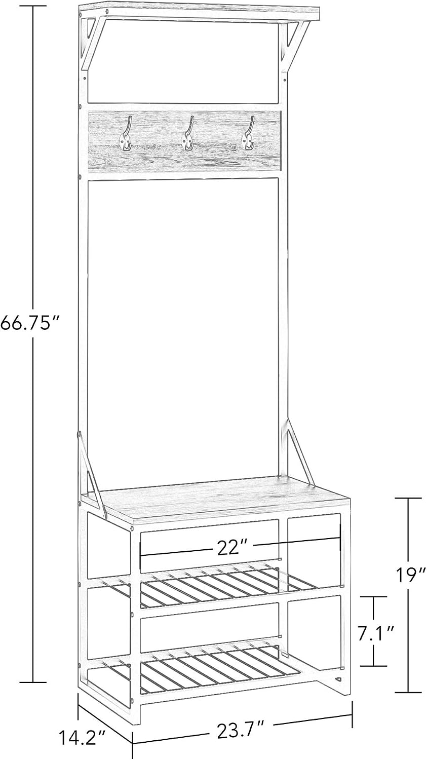 RiverRidge Afton Hall Tree, Black Metal Frame and Weathered Woodgrain | Entryway Organizer with Shoe Rack, Bench Seat, Coat Hooks, Top Display Storage Shelf