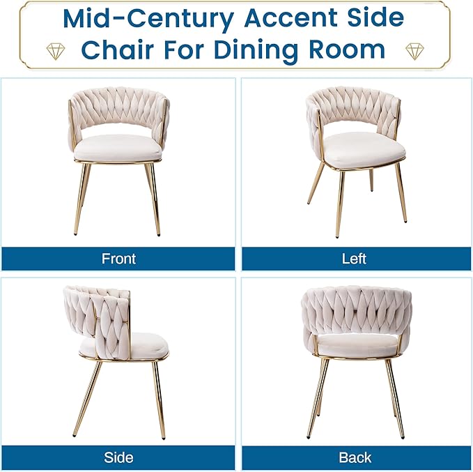 KCC Modern Velvet Dining Chairs Set of 2, Upholstered Living Room Chair with Woven Back and Golden Metal Legs, Mid-Century Accent Side Chair for Living Dining Room, Kitchen, Beige
