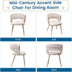 KCC Modern Velvet Dining Chairs Set of 2, Upholstered Living Room Chair with Woven Back and Golden Metal Legs, Mid-Century Accent Side Chair for Living Dining Room, Kitchen, Beige