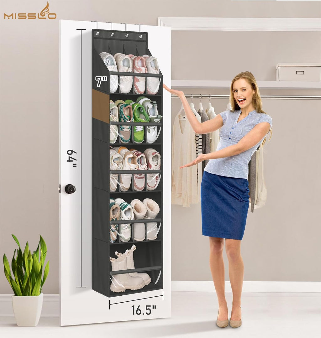 MISSLO 20 Pairs Over the Door Shoe Organizer for Closet Narrow Hanging Shoe Rack for Door Hanger Deep Pocket Door Shoe Holder Storage for Boots, Size 13 Sneakers, Black
