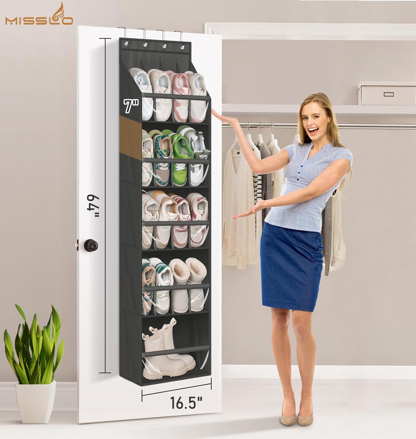 MISSLO 20 Pairs Over the Door Shoe Organizer for Closet Narrow Hanging Shoe Rack for Door Hanger Deep Pocket Door Shoe Holder Storage for Boots, Size 13 Sneakers, Black