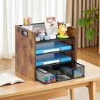 Wood Desk Organizer - 4-Tier Desktop File Organizer with Drawer, Wooden Paper Tray, Office Desk Organizer for Papers, Mail, Notebooks, Stationery