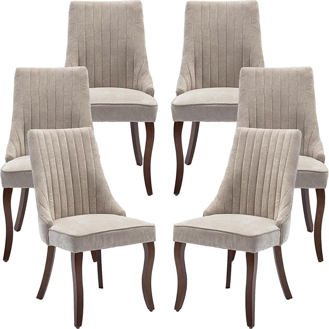 Beige Mid Century Dining Chairs Set of 6, Modern Kitchen & Dining Room Chairs Set of 6, Fabric Upholstered Kitchen Chairs, Sillas de Comedor, Wood Legs (Beige, 6 Pcs)
