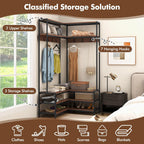 Tangkula Corner Hall Tree, 70 Inch Coat Rack with Bench and Shoe Storage, Entryway Furniture with 7 Hooks, Heavy Duty Metal Frame, Space Saving Clothes Rack Shoes Shelf Organizer (Brown)