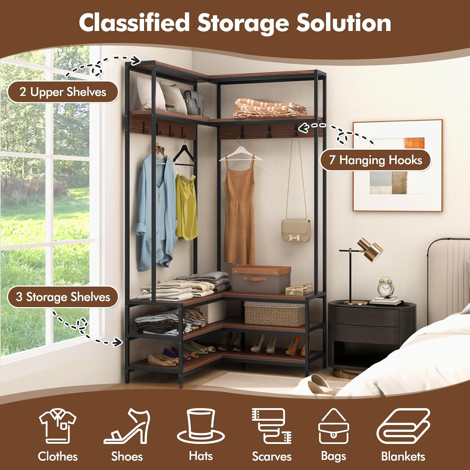 Tangkula Corner Hall Tree, 70 Inch Coat Rack with Bench and Shoe Storage, Entryway Furniture with 7 Hooks, Heavy Duty Metal Frame, Space Saving Clothes Rack Shoes Shelf Organizer (Brown)